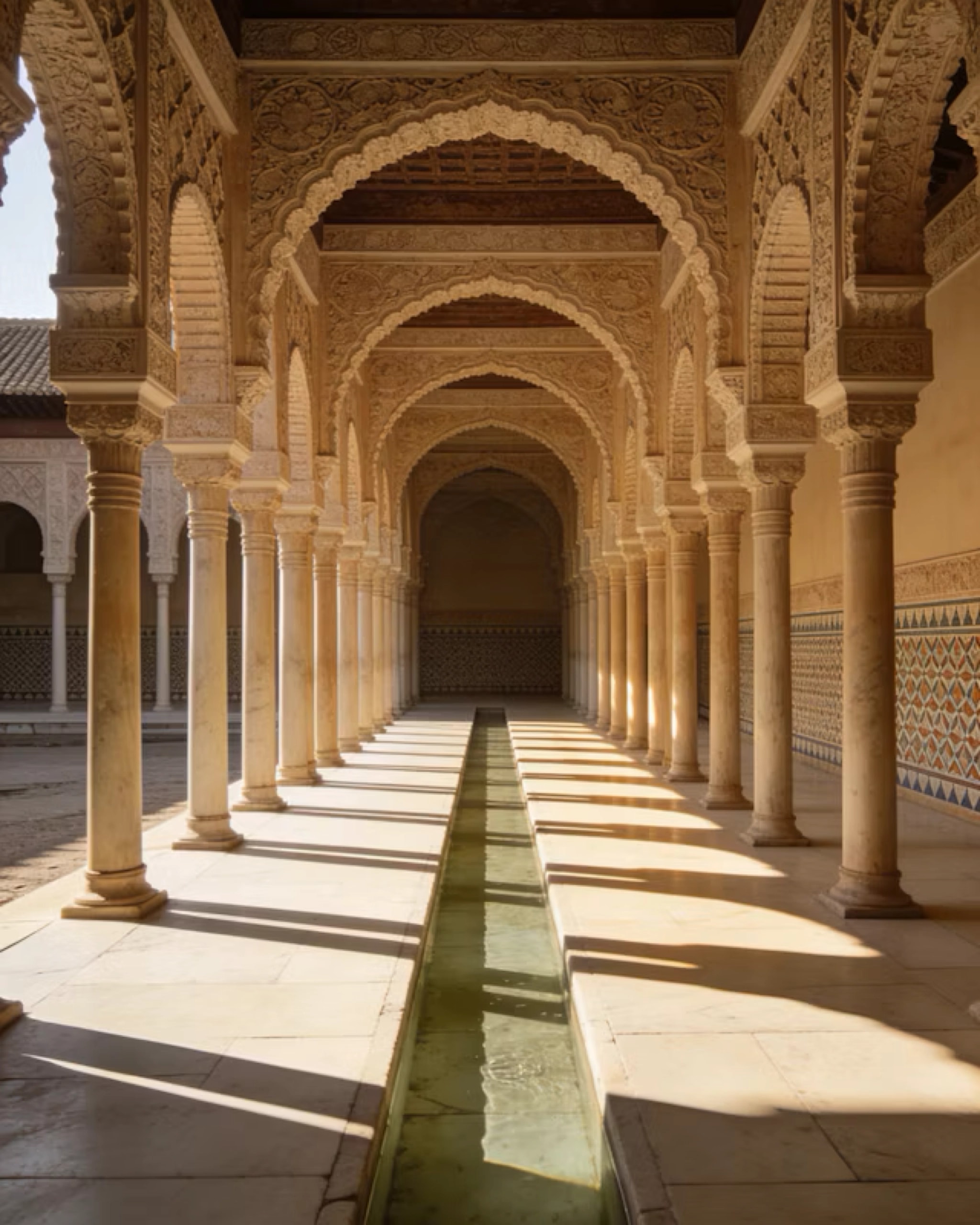 A sunlit arched colonnade with a water channel