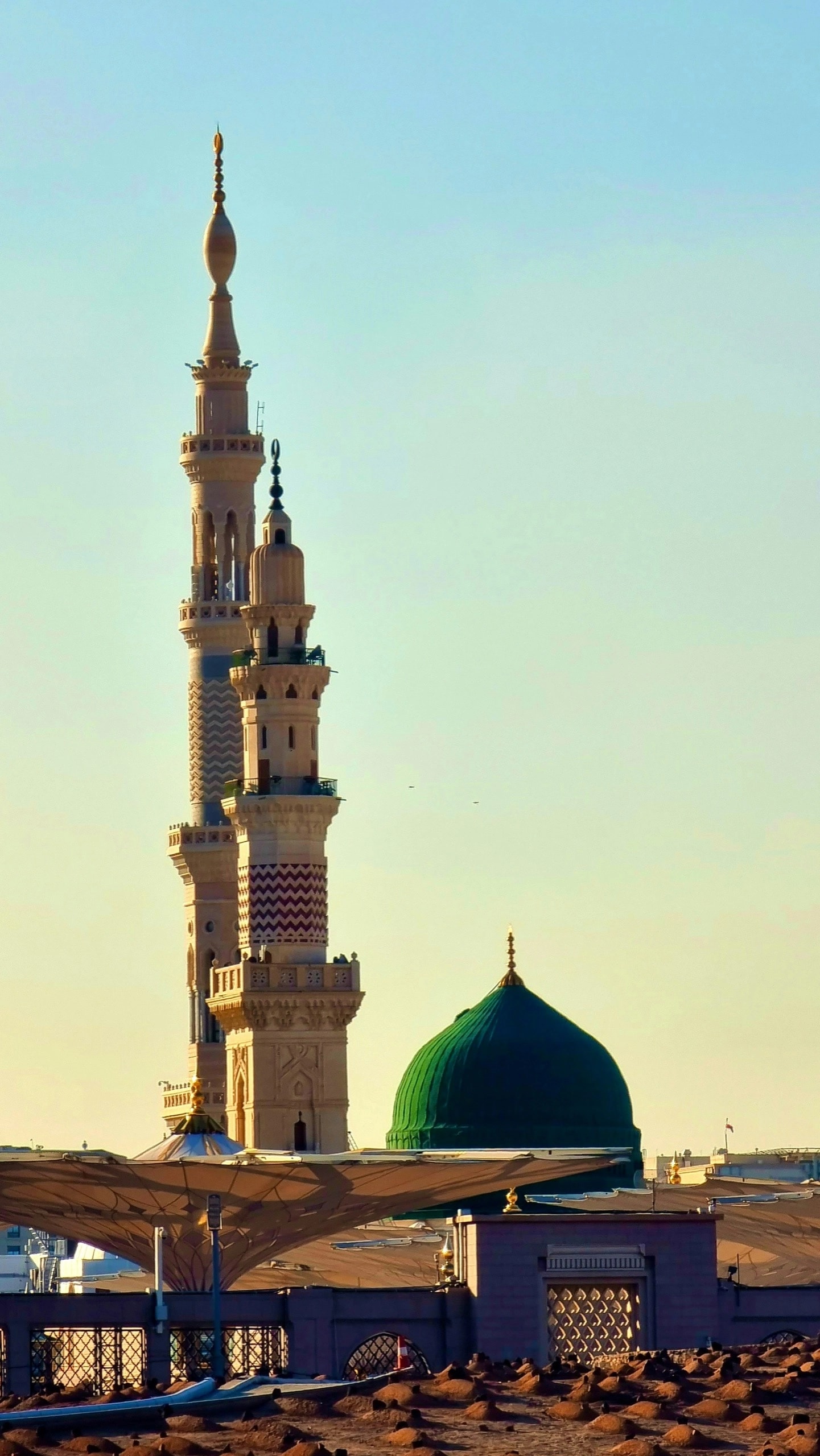The minarets and Green Dome of the Prophet's Mosque in Medina