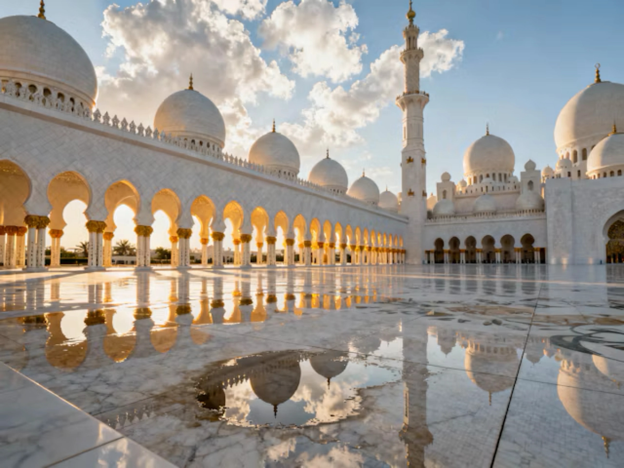 White marble domes reflected on wet stone at sunset