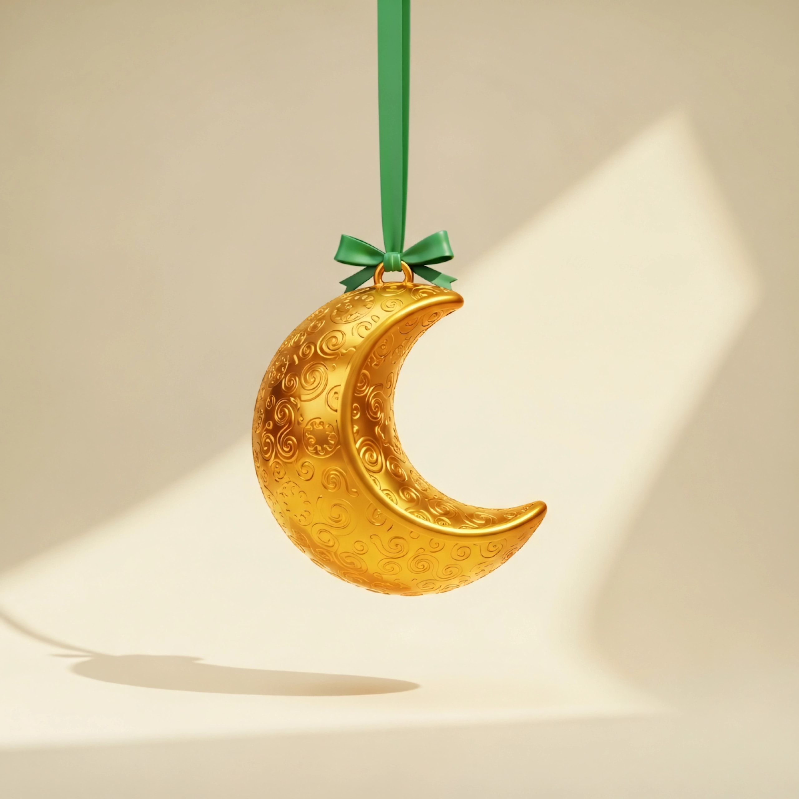 A gold filigree crescent on a green ribbon