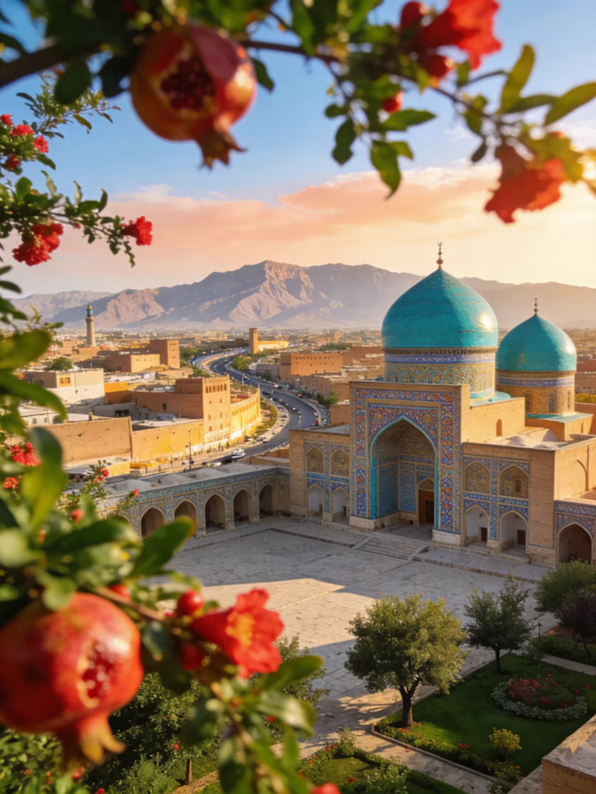 Turquoise domes framed by pomegranate branches