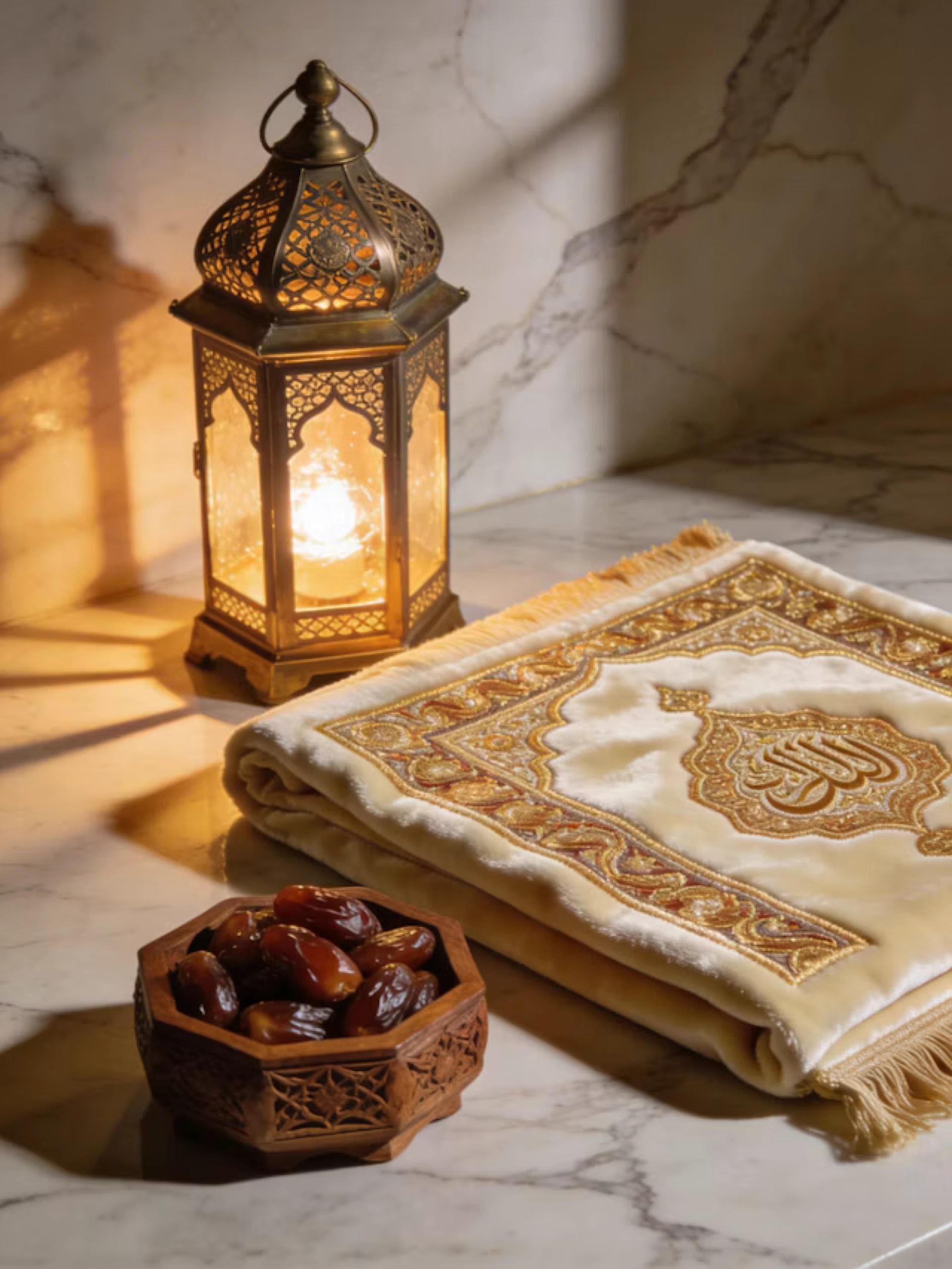 A lit lantern beside a folded prayer mat and a bowl of dates